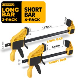 EQUIPTZ 6 Pack Bar Clamps for Woodworking – 2 Pcs 12" & 4 Pcs 6" Quick Grip Clamps Set with 150 lbs Force – Wood Clamps for Gluing, Carpentry, DIY, and Metalworking (Combo Sizes, 6 Pack)