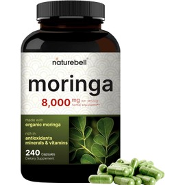 NatureBell Pure Moringa Capsules 8000mg Per Serving - Made with Moringa Powder Organic, 240 Capsules | Green Superfood, Skin Health & Immune Support | Non-GMO, Gluten Free, 4 Month Supply