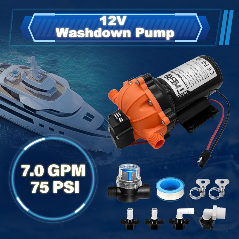 TWERE 12V Pump,7.0GPM,75Psi Diaphragm Water Pump,5 Chamber Self-Priming RV Water