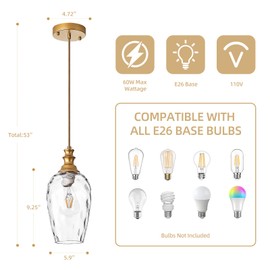 AIBISOD Pendant Lights Kitchen Island, Gold Pendant Light Fixtures Hanging Light Fixture Transparent Water Ripple Glass Lamp Shade Island Lights for Kitchen Living Dining Room Farmhouse Pendant Light