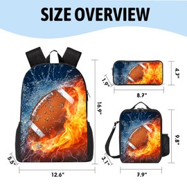 3PCS Football Backpacks for Boys Girls Teens, School Backpack with Lunch Box Pencil Case for Elementary Middle High Students, 17 Inch Lightweight Bookpack 3 in 1 Set Back to Shool Supplies for Kids