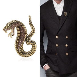 Retro Crystal Cobra Snake Brooch Rhinestone Animal Statement CZ Lapel Pin Fashion Jewelry Suit Accessories Vintage Punk Boutonniere Corsage for Hat Tie Scarf Pins for Men Women Art Deco (Gold)