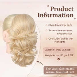 Flufymooz Ponytail Extension, 14 Inch Short Drawstring Ponytail Hair Extension for Women, Soft Synthetic Pony Tails Hairpiece for Women (Light Blonde with Highlights)