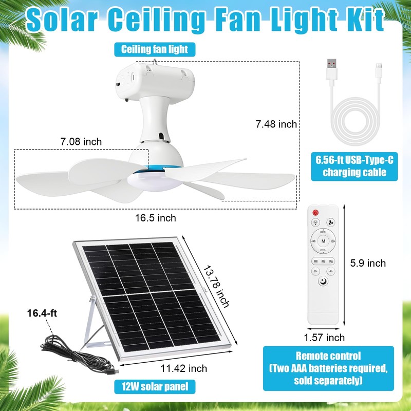 Grinsvalley 1 Set Solar Ceiling Fan with Light, 12w Solar