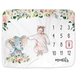 Girl Elephant Baby Monthly Milestone Blanket, Safari Elephant Baby Growth Chart Month Blanket, Watch Me Grow Baby Girl Floral Elephant Nursery Gift for New Moms Baby Shower, Includes Marker (50"x40")