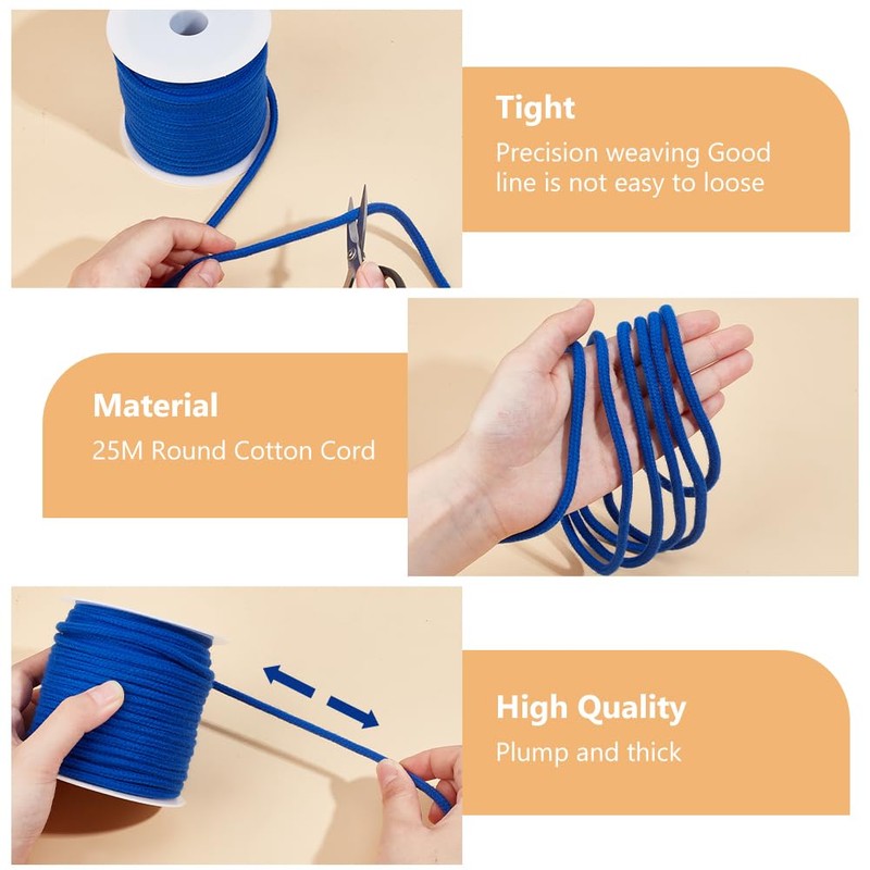 BENECREAT 27 Yard Blue Drawstring Replacement Rope, 6mm Round Cotton