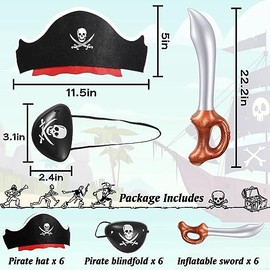 Legigo Juego de 18 piezas divertidas de fiesta pirata, incluye 6 sombreros de pirata, 6 parches para ojos, 6 espadas inflables para fiesta pirata, cosplay, accesorios de vestido caribeño