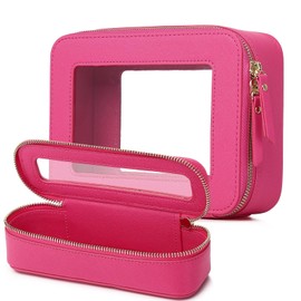 Pinkmik Travel Clear Makeup Bag with Brush Case TSA Approved Toiletry Bag Waterproof Cosmetic Organizer with Zipper Car Essential for Women, X/Fuxia, M+SLIM, Travel Makeup Set