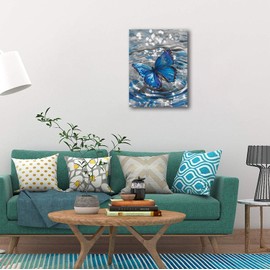 Anolyfi Blue Butterfly Picture Animal Canvas Wall Art, Modern Grey Aesthetic Painting Print Artwork Framed for Bathroom Bedroom Living Room Kitchen Nursery Office Home Decor 12"x16"