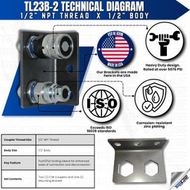 1/2" Hydraulic Quick Connect Coupler Set, Flat Face, 1/2" NPT, ISO 16028, Heavy-Duty Steel, Includes Mounting Bracket, Fits Skid Steer Bobcat Attachments - TL23B-2