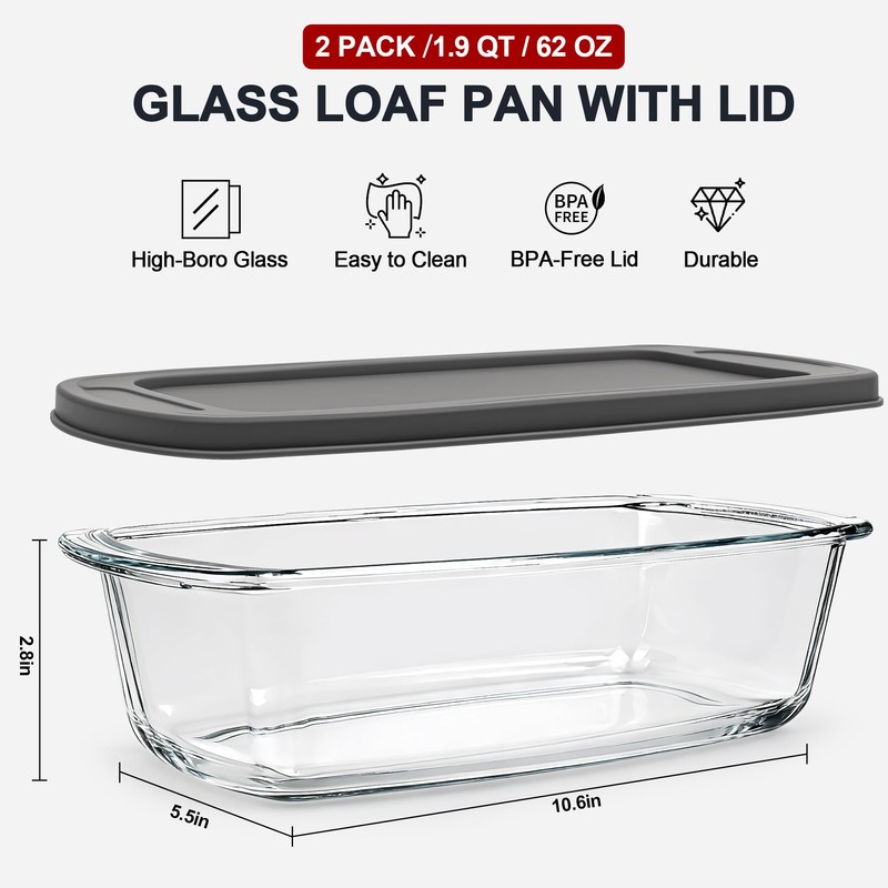 LOVYANXUE 2 Pack Glass Loaf Pan with Lid, 1.9QT/ 62