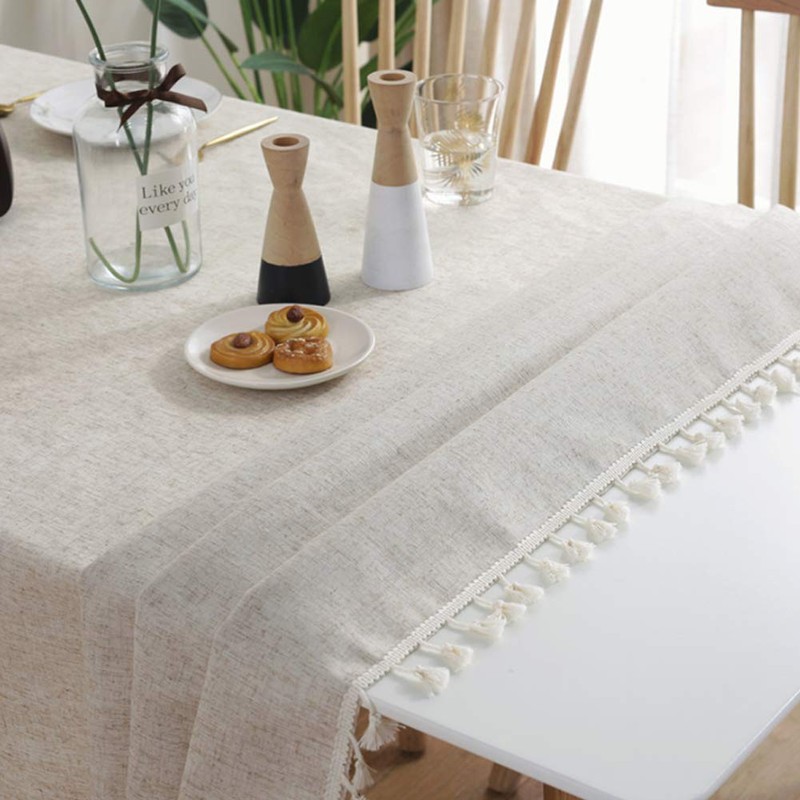 meioro Solid Colour Tassel Tablecloth, Rectangular, Cotton Linen Tablecloth, Suitable