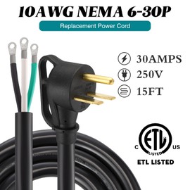 Kanayu 15 FT 10AWG 3 Prong Replacement Power Cord Compatible with NEMA 6-30P 30 Amp 250V Welder Extension Cable with Open End for Welder Dryer Garage Heater Generator, ETL Listed