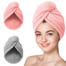 Hicober Microfiber Hair Towel, 2Packs Super Absorbent Hair Wrap Turban, Head Plopping Towels Sleep Cap Bath Towels Shower Essentials (Pink,Grey)