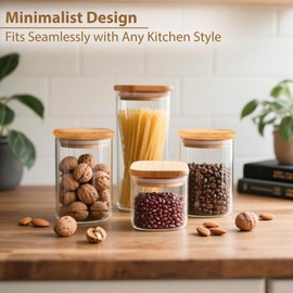 TBWIND 6 Pack Square Glass Storage Containers with Bamboo Lids (24oz/37oz/51oz) – Clear Food Airtight Canisters Sets for The Kitchen, Glass Jars for Coffee Beans, Coffee, Flour, Snacks, Spices