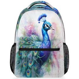 GzLeyigou Daypack Peacock Backpack Computer Laptop Backpacks, Watercolor Peacock Large Capacity Book Bags with Adjustable Shoulder Strap, Travel Hiking Camping Casual Daypack for Adult Women Men