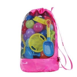 EocuSun Large Mesh Beach Bag Tote Durable Sand Away Drawstring Beach Backpack Swim and Pool Toys Balls Storage Bags Packs, Stay Away From Sand and Water, Toy Not Included, Hot Pink