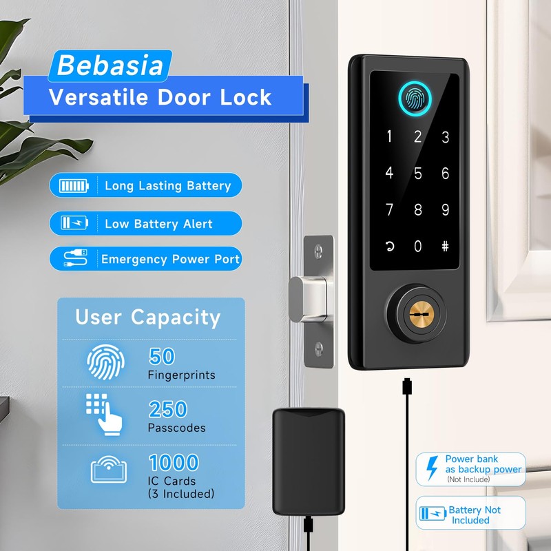 BEBASIA Fingerprint Door Lock for Front Door with Handle Set,