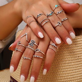 12-20 Pcs Boho Silver Knuckle Ring Set Star Moon Wave Feather Stackable Rings Vintage Turquoise Multiple Midi Finger Ring Sets for Women Girls (B)