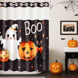 Culudea Halloween No Hook Shower Curtain with Snap in Liner, Cute Ghost Boo Orange Pumpkins Black Bath Curtain with Double Layers Waterproof Fabric and Mesh Top Window 71x74 Inch