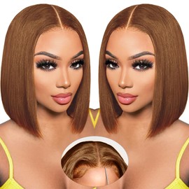12inch #4 Brown Color Glueless Bob Wig Human Hair for Women, Upgrade 5x6 Pre-Cut Lace Pre Plucked Hairline for Beginners, 200% Density Real Ready and Go Short Brown Glueless Wig Human Hair