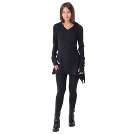 PUREWONDER Long Shirt Tunic Elf Dress Pointed Hood DR60, black