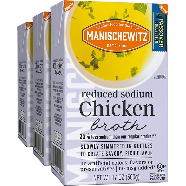Manischewitz Reduced Sodium Chicken Broth 17oz (3 Pack), Flavorful, Kettle Cooked, Slowly Simmered, Kosher for Passover