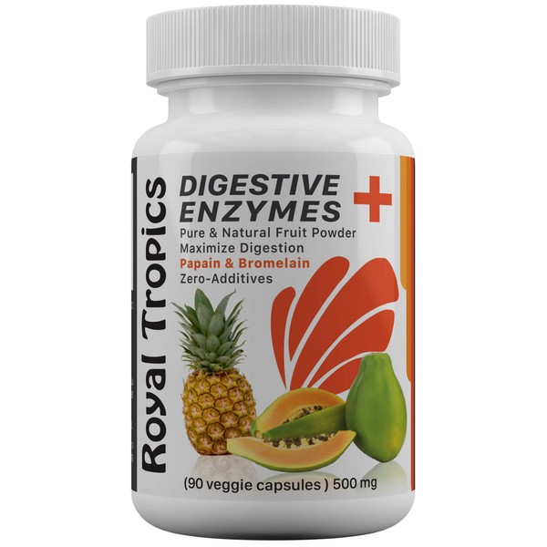 Royal Tropics Digestive Enzyme Supplements - Vegetarian Formula with Green Papaya Added Bromelain Acid Reducer for Perfect Gut Health Veggie 90 Capsules 500 mg