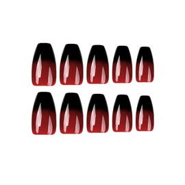 MISUD Press on Nails Medium Coffin Fake Nails Glossy Glue on Nails Ballerina Acrylic Nails Red Black Ombre False Nails with Design Goth Artificial Nails 24 pcs