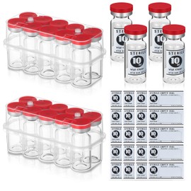 Threlaco 20 Pcs 10ml Sealed Sterile Empty Vials with Self Healing Injection Port Glass Penicillin Bottle with 20 Label Stickers (10 ml,Red)