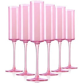 Physkoa Pink Champagne Fluts(6Pack)-Glass Champagne Glass with Pink Color,LeadFree Crystal Champagne Glasses for Wedding,Engagement,Bridal Shower Party