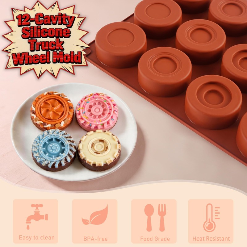 3D Round Tire Mold for Chocolate, 2Pcs Silicone Truck Wheel