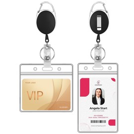 Hianjoo 2 Pack Badge Holder Retractable with Clip, ID Card Holder with Belt Clip Reels Lanyard Pull Cord Vertical Horizonal Retractable Reel with Carabiner for Students Office Staff, Black