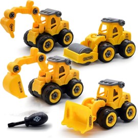 Coches de Juguete, 4 en 1 Camiones De Construcción, DIY Take Apart Juguetes de Construccion, Coches Tire hacia Atrás de Excavadora Topadora Martinete Apisonadora, Regalo para Niños 3 Años+