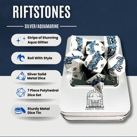 Sage's Portal Metal Riftstone DND Dice 7-PC Polyhedral Dice Set for DND TTRPG Dungeons and Dragons Pathfinder Oversized Designer Dice (Pearl Silver/Aquamarine)