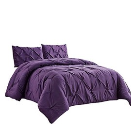 WPM 3 Piece Microfiber Comforter Set Pinch Pleat Pintuck Down Alternative Bedding - All Season Purple Bedroom Decor- JN1 (Dark Purple, Queen)
