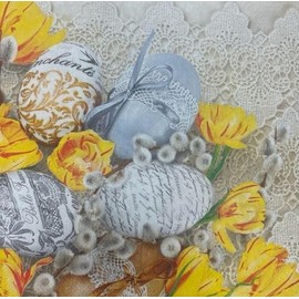 Set of 2 Individual Decoupage Paper Party Napkins Easter Eggs Catkins Spring Watercolor Decor Luncheon Beverage Christmas Series Napkin for a Birthday, Holiday, Wedding, Cocktail Party