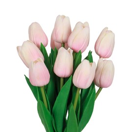 VaryFloral 10 Pcs Pink Tulips Fake Flowers PU Faux Flowers Artificial Tulips Touch Real Single Stem Fake Floral Tulips Spring Bouquet of Flowers for Decoration Home Party Centerpieces Wedding Gifts