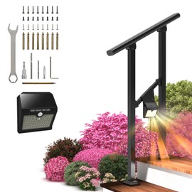 Hand Rails for Outdoor Steps, 2 Step Hand Railing, Railings for Outdoor Steps with Solar Deck Lights for Seniors Pregnant Woman Handicap for Porch Railing and Deck Hand Rail.