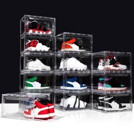 AOHMPT Upgraded 12 Pack Shoe Box,Acrylic Clear Shoe Boxes,Drop Front Shoe Storage Box,Clear Plastic Stackable Sneaker Box,Shoe Containers,Shoe Display Case,Sneaker Storage,Fits Up to Size 15