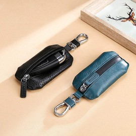 PORRASSO Car Key Case Genuine Leather Car Smart Key Chain Keychain Holder Metal Hook Portable Keyring Zipper Bag Waterproof for Remote Key Fob Home Key Case Dailylife Blue