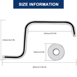 NearMoon S Shape Shower Extension Arm with Flange, Stainless Steel High Rise Shower Head Extender Pipe, Horizontal Extension Standard 1/2" Connection- Bathroom Accessory, 16 Inch (Chrome Finish)