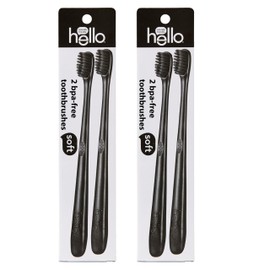 Hello Soft Bristle Adult Charcoal Toothbrush Pack, BPA-Free Soft Toothbrushes with Charcoal Infused Bristles, Gentle on Gums and Teeth, Ergonomic Handle Made with Plant-Based Materials, Black, 4 Pack