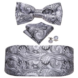 Barry.Wang Mens Silver Cummerbund Bow Tie Set, Silk Cummerbund Pretied Bow Tie Hankerchief Cufflinks
