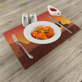 Lunarable Western Place Mats Set of 4, American Wild West Desert with Cowboy on Horse Sunset Cactus Arid Lands, Washable Fabric Placemats for Dining Room Kitchen Table Decor, Orange Yellow Brown