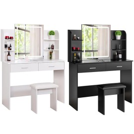 Unbranded Vanity Table Set Makeup Dressing Table w/ 3-Color Lighted Mirror Cushioned Stool - White
