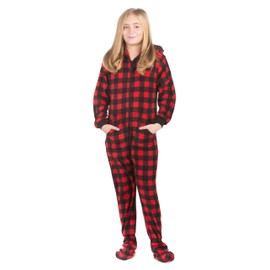 Hoodie Footed Onesie Buffalo Red & Black Plaid Fleece Footed Pajamas for Boys & Girls