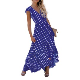 GRECERELLE Women's Summer Floral Print Cross V Neck Dress Bohemian Flowy Long Maxi Dress PD-Royal Blue-Large