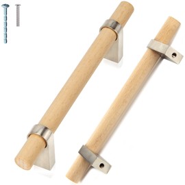 foxwake Wood and Silver Cabinet Handles Pull 10Pcs Adjustable Double Hole 3~5 in, Modern Metal Dresser Knobs, 4Inch Natural Wood Kitchen Drawer Handles Hardware (Center to Center)