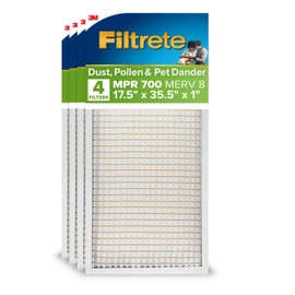 Filtrete 17.5X35.5X1 Air Filter, MPR 700, MERV 8, Clean Living Dust, Pollen and Pet Dander Reduction 3-Month Pleated 1-Inch Air Filters, 4 Filters